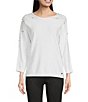 Color:Winter - Image 1 - Round Neck 3/4 Sleeve Embellished Pullover Top