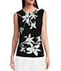 Color:Black/Multi - Image 1 - Floral Knit Pleated Crew Neck Sleeveless Fitted Cami Top