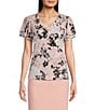 Color:Silver Pink - Image 1 - Floral Print Matte Jersey V-Neck Short Double Flutter Sleeve Top