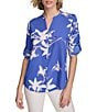 Color:Dazzling Soft Blue Multi - Image 1 - Floral Print Print Crepe de Chine Y-Neck Long Sleeve Button Front Top