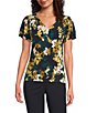 Calvin Klein Floral Print V-Neck Short Flutter Sleeve Top, Color:Navy Multi - Image 1
