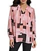 Color:Desert Rose Blush - Image 1 - Geometric Print Band Collar Long Sleeve Shirred Button-Front Blouse
