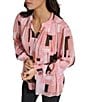 Color:Desert Rose Blush - Image 4 - Geometric Print Band Collar Long Sleeve Shirred Button-Front Blouse