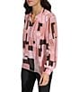 Color:Desert Rose Blush - Image 5 - Geometric Print Band Collar Long Sleeve Shirred Button-Front Blouse