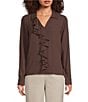 Calvin Klein Georgette Collared V-Neck Long Sleeve Ruffle Front Blouse, Color:Toasted Sumac - Image 1