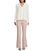 Calvin Klein Georgette Collared V-Neck Long Sleeve Ruffle Front Blouse, Color:Cream - Image 3