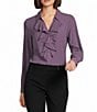 Calvin Klein Georgette Point Collar Long Sleeve Ruffle Button Front Top, Color:Winter Plum - Image 1