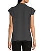 Color:Charcoal - Image 2 - Georgette Point Collar V-Neck Short Sleeve Ruffled Button Front Blouse
