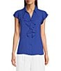 Color:Dazzling Blue - Image 1 - Georgette Point Collar V-Neck Short Sleeve Ruffled Button Front Blouse