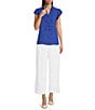 Color:Dazzling Blue - Image 3 - Georgette Point Collar V-Neck Short Sleeve Ruffled Button Front Blouse