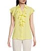 Color:Pear - Image 1 - Georgette Point Collar V-Neck Short Sleeve Ruffled Button Front Top