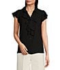 Calvin Klein Georgette Ruffle-Front Point Collar Short Sleeve Top, Color:Black - Image 1