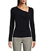 Color:Navy - Image 1 - Knit Asymmetrical V-Neck Long Sleeve Ruched Front Top