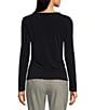 Color:Navy - Image 2 - Knit Asymmetrical V-Neck Long Sleeve Ruched Front Top