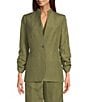 Calvin Klein Linen Blend Stand Collar 3/4 Sleeve One-Button Jacket, Color:Green Olive - Image 1