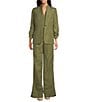 Calvin Klein Linen Blend Stand Collar 3/4 Sleeve One-Button Jacket, Color:Green Olive - Image 3
