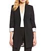 Color:Black - Image 1 - Petite Size Contrast Lining V-Neck Long Roll Sleeve Open Front Jacket