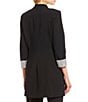 Color:Black - Image 2 - Petite Size Contrast Lining V-Neck Long Roll Sleeve Open Front Jacket