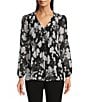 Calvin Klein Petite Size Floral Print V-Neck Long Puffed Sleeve Pleated Blouse, Color:Black Multi - Image 1