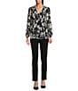 Calvin Klein Petite Size Floral Print V-Neck Long Puffed Sleeve Pleated Blouse, Color:Black Multi - Image 3