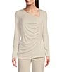 Color:Stony Beige - Image 1 - Petite Size Knit Asymmetrical V-Neck Long Sleeve Ruched Front Top