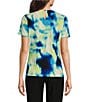 Color:Black Multi - Image 2 - Petite Size Knit Stretch Printed Pleated Crew Neck Short Sleeve Top
