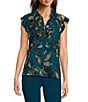 Calvin Klein Petite Size Printed Collared Short Sleeve Ruffle Front Top, Color:Cypress Multi - Image 1