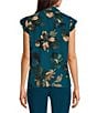 Calvin Klein Petite Size Printed Collared Short Sleeve Ruffle Front Top, Color:Cypress Multi - Image 2