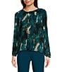 Calvin Klein Petite Size Printed Crew Neck Long Sleeve Chiffon Micro Accordion Pleated Top, Color:Cypress Multi - Image 1