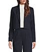 Color:Navy Cream - Image 1 - Pinstripe Stretch Woven Notch Lapel Collar Long Sleeve Coordinating Cropped Blazer