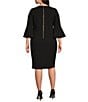Color:Black - Image 2 - Plus Size Round Neck 3/4 Bell Sleeve Sheath Dress