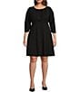 Color:Black - Image 1 - Plus Size 3/4 Sleeve Pleated Scoop Neck Scuba Crepe A-Line Dress
