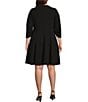 Color:Black - Image 2 - Plus Size 3/4 Sleeve Pleated Scoop Neck Scuba Crepe A-Line Dress