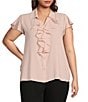 Color:Desert Rose - Image 1 - Plus Size Collared Ruffle Front Cap Sleeve Woven Blouse