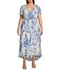 Color:Chambray Multi - Image 1 - Plus Size Crinkle Chiffon Floral Printed Short Sleeve V-Neck Tie Waist Tiered Midi Dress