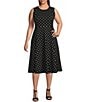 Color:Black/White - Image 1 - Plus Size Dotted Print Sleeveless Scuba Crepe Fit and Flare Midi Dress