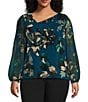 Calvin Klein Plus Size Floral Chiffon Long Sleeve Asymmetrical Neck Top, Color:Cypress Multi - Image 1