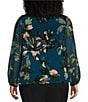 Calvin Klein Plus Size Floral Chiffon Long Sleeve Asymmetrical Neck Top, Color:Cypress Multi - Image 2