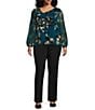 Calvin Klein Plus Size Floral Chiffon Long Sleeve Asymmetrical Neck Top, Color:Cypress Multi - Image 3
