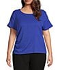 Color:Dazzling Blue - Image 1 - Plus Size Knit Round Neck Short Sleeve Ruched Side Top