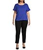 Color:Dazzling Blue - Image 3 - Plus Size Knit Round Neck Short Sleeve Ruched Side Top