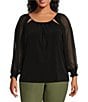 Color:Black - Image 1 - Plus Size Matte Jersey 3/4 Smocked Chiffon Sleeve Blouse
