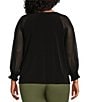 Color:Black - Image 2 - Plus Size Matte Jersey 3/4 Smocked Chiffon Sleeve Blouse