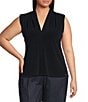 Color:Navy - Image 1 - Plus Size Matte Jersey V-Neck Shoulder Pleat Sleeveless Top