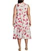 Color:Cream Hibiscus - Image 2 - Plus Size Sleeveless V-Neck Tie Waist Floral Fit And Flare Dress