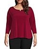 Calvin Klein Plus Size Solid Knit Split Round Neck 3/4 Sleeve Hi-Low Hem Relaxed Top, Color:Persimmon - Image 1