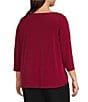 Calvin Klein Plus Size Solid Knit Split Round Neck 3/4 Sleeve Hi-Low Hem Relaxed Top, Color:Persimmon - Image 3