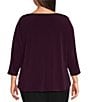 Calvin Klein Plus Size Solid Knit Split Round Neck 3/4 Sleeve Hi-Low Hem Relaxed Top, Color:Aubergine - Image 2