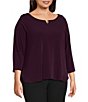 Calvin Klein Plus Size Solid Knit Split Round Neck 3/4 Sleeve Hi-Low Hem Relaxed Top, Color:Aubergine - Image 3