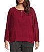 Calvin Klein Plus Size Solid Woven Crew Neck Long Sleeve Pleated Top, Color:Persimmon - Image 1